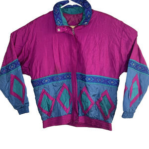 Vintage 90s Full Zip Windbreaker Womens Small Colorful Diamonds Streetwear Urban